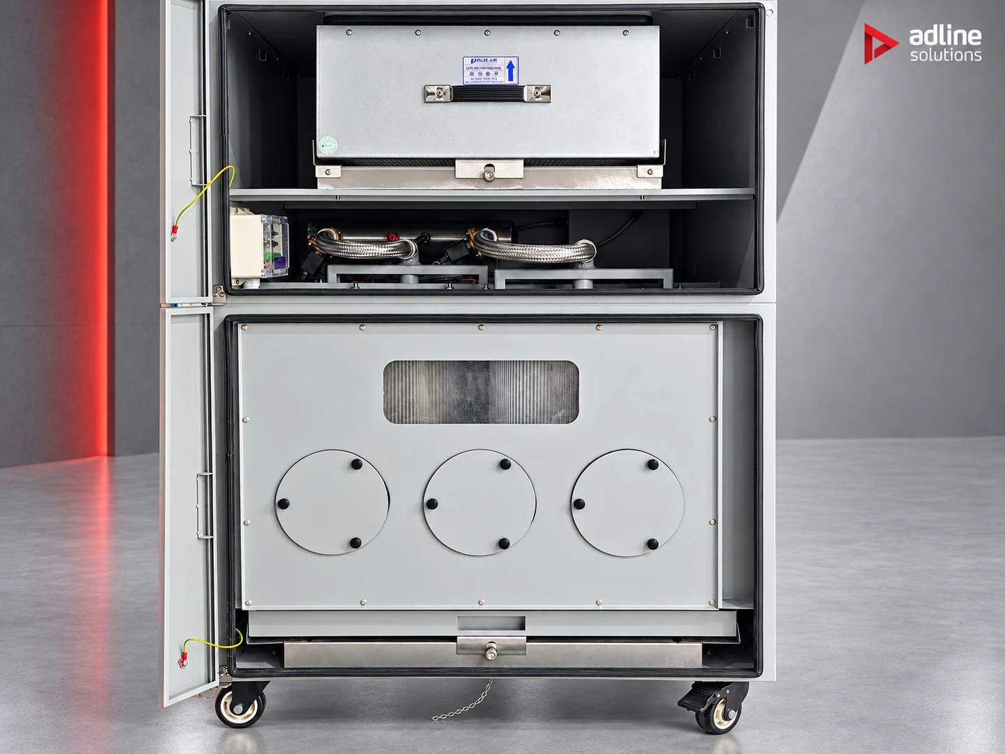 PURE-AIR PA-FGS1600 fume extractor — filter compartments: upper filter module, cleaning valves and PTFE cartridge chamber above the dust drawer