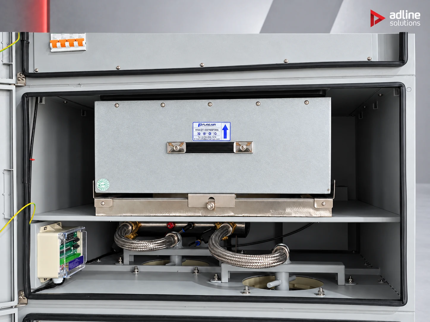 PURE-AIR PA-FGS1600 fume extractor — HEPA H14 filter module above the pulse-cleaning valves