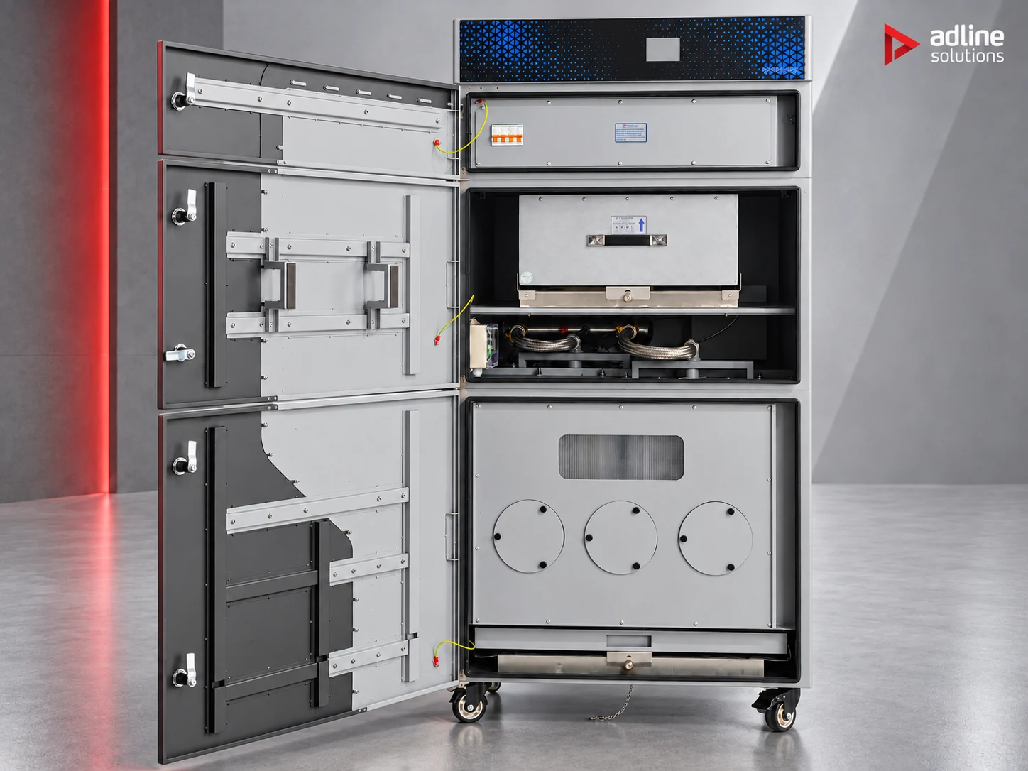 PURE-AIR PA-FGS1600 fume extractor — cabinet doors open, showing the electrical section, filter stages and dust drawer