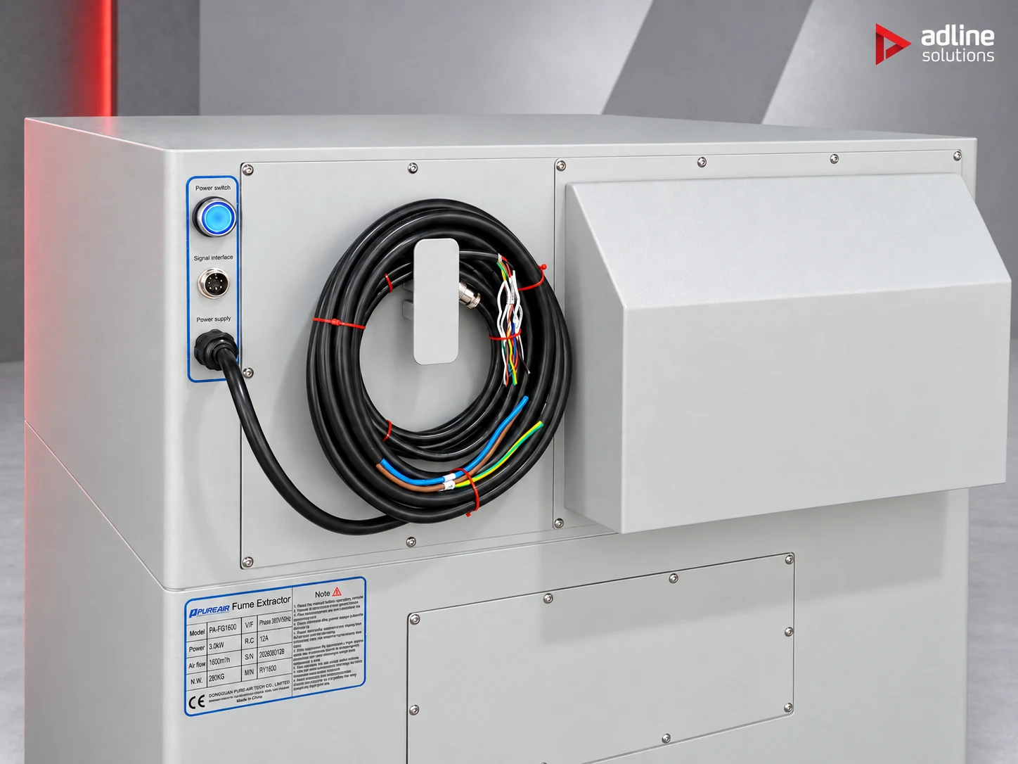 PURE-AIR PA-FGS1600 fume extractor — rear panel with power switch, signal interface for machine linkage and power supply cable