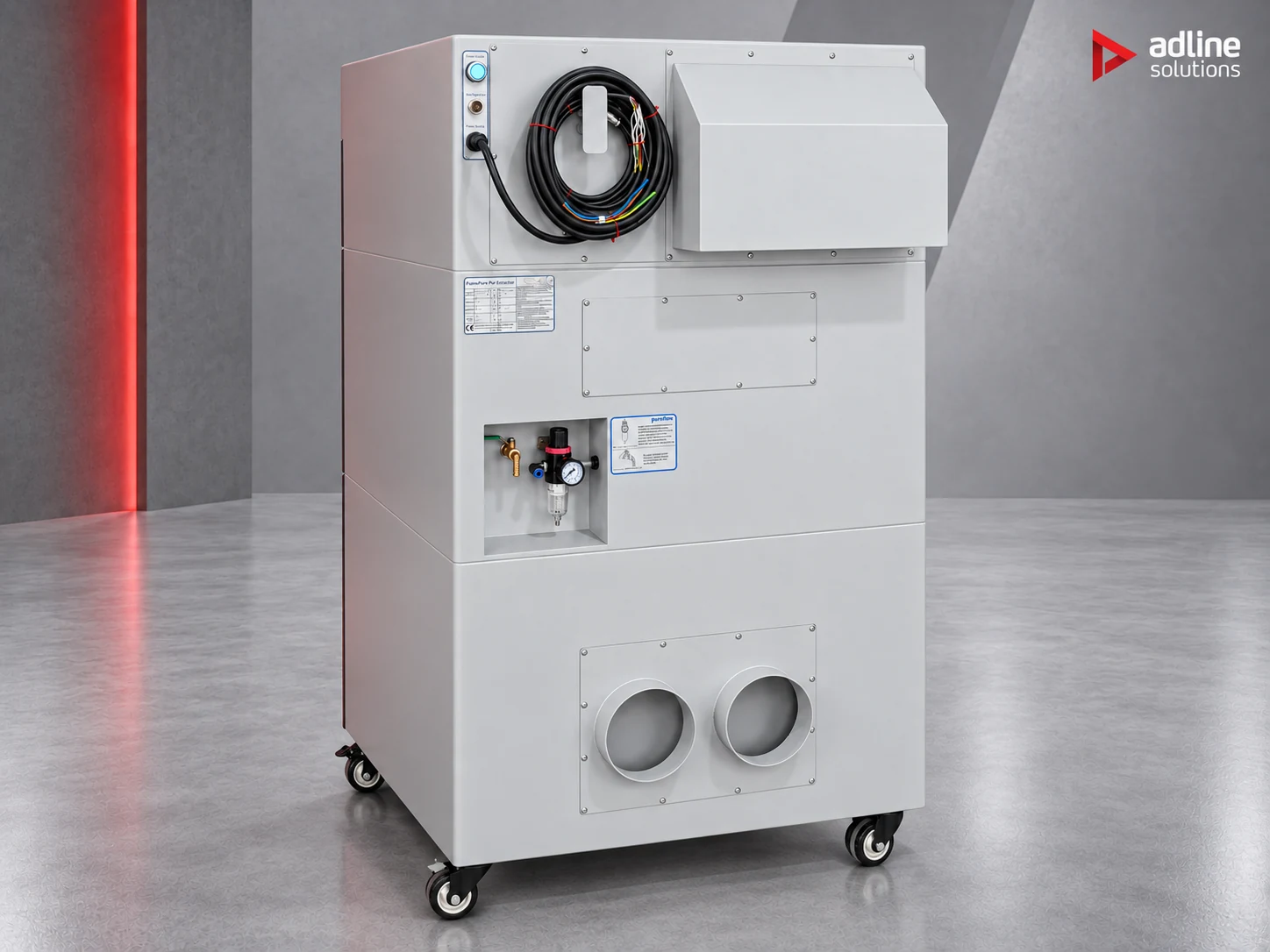 PURE-AIR PA-FGS1600 fume extractor — rear view with power cable, compressed-air regulator and twin air outlets