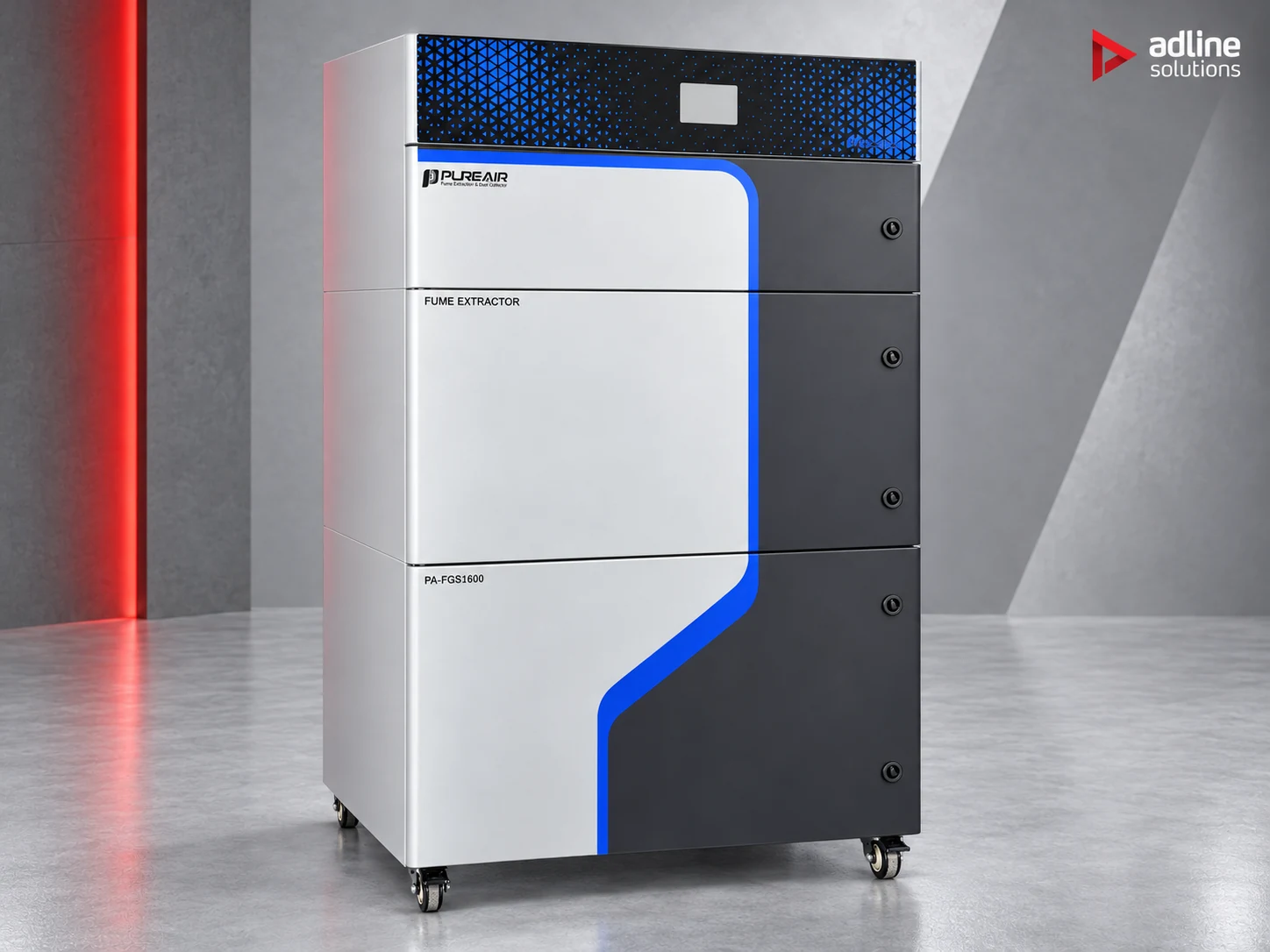PURE-AIR PA-FGS1600 fume and dust extractor — front three-quarter view on castors
