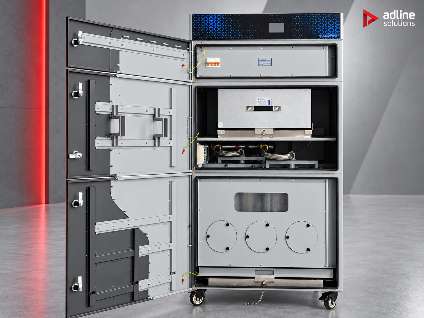 Extractor de humos PURE-AIR PA-FGS2400 — puertas del armario abiertas, con la sección eléctrica, las etapas de filtración y el cajón de polvo