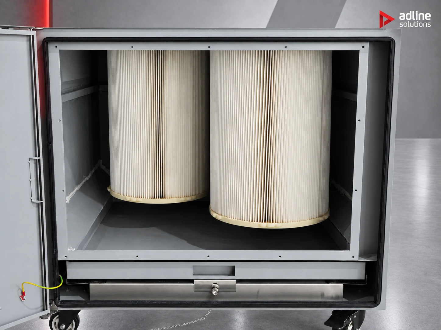 Extractor de humos PURE-AIR PA-FGS2400 — dos prefiltros de cartucho de PTFE sobre el cajón de polvo frontal