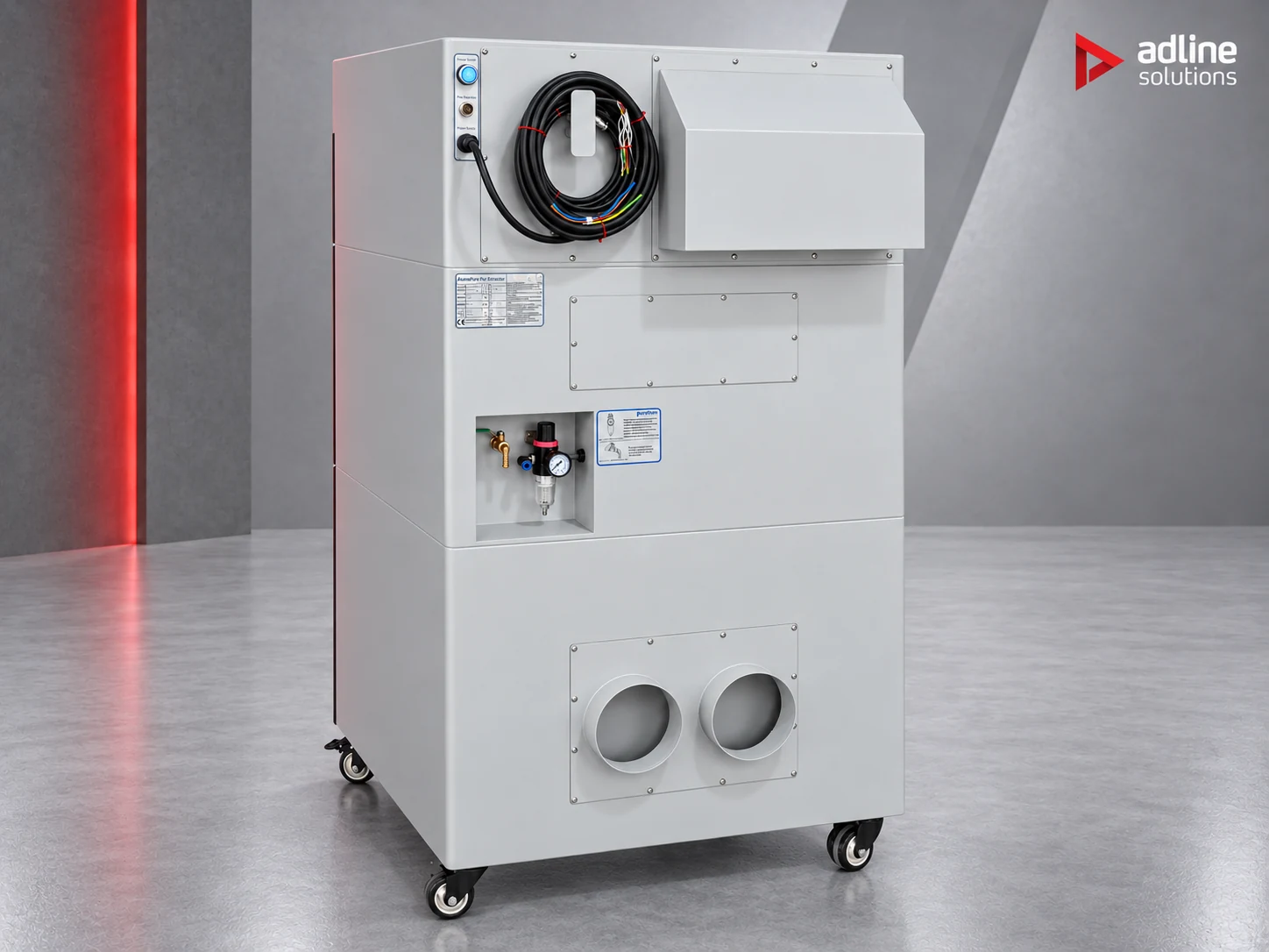 Extractor de humos PURE-AIR PA-FGS2400 — vista trasera con cable de alimentación, regulador de aire comprimido y dos salidas de aire