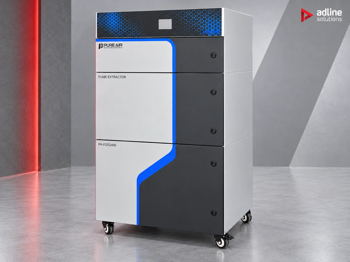 Extractor de humos y polvo PURE-AIR PA-FGS2400 — vista frontal de tres cuartos sobre ruedas