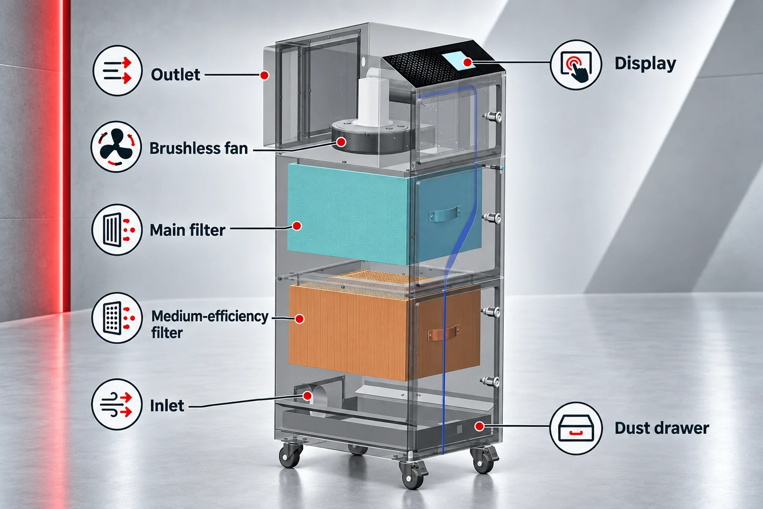 Cutaway of a PURE-AIR FS-i fume extractor: inlet, medium-efficiency filter, main filter, brushless fan, outlet, display and dust drawer