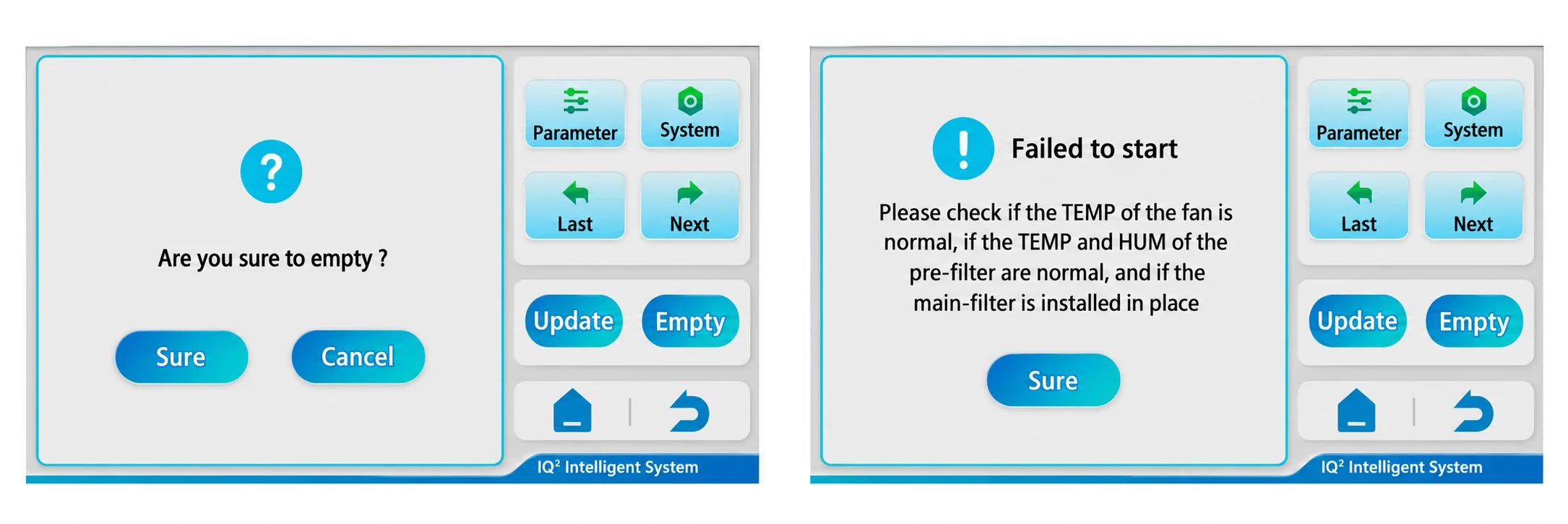 PIPS screens: confirmation before emptying, and a start blocked until fan temperature, pre-filter temperature and humidity and the main filter are checked