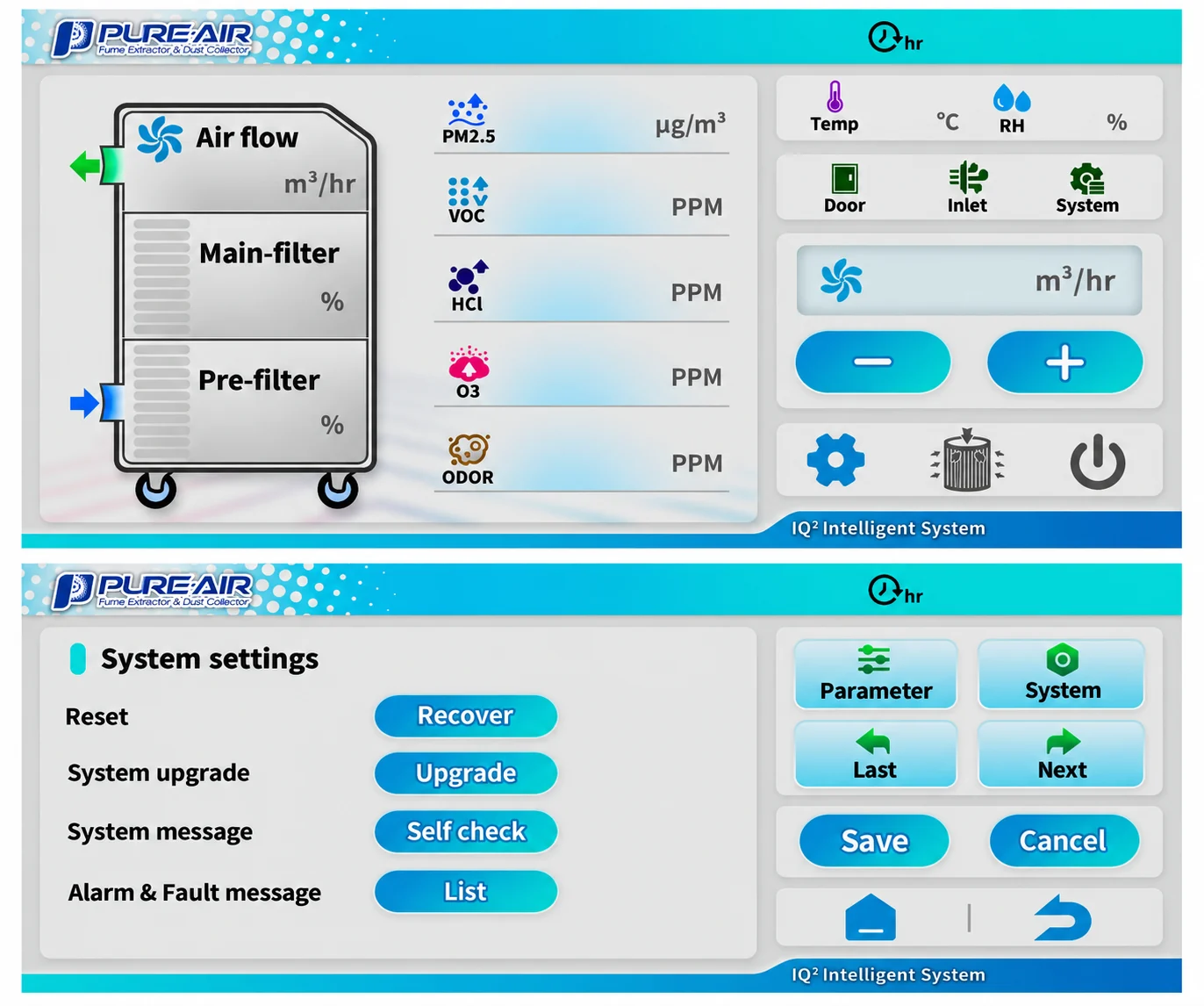 PIPS touch screen: live airflow, pre-filter and main-filter status, air-quality readings, and the system settings page